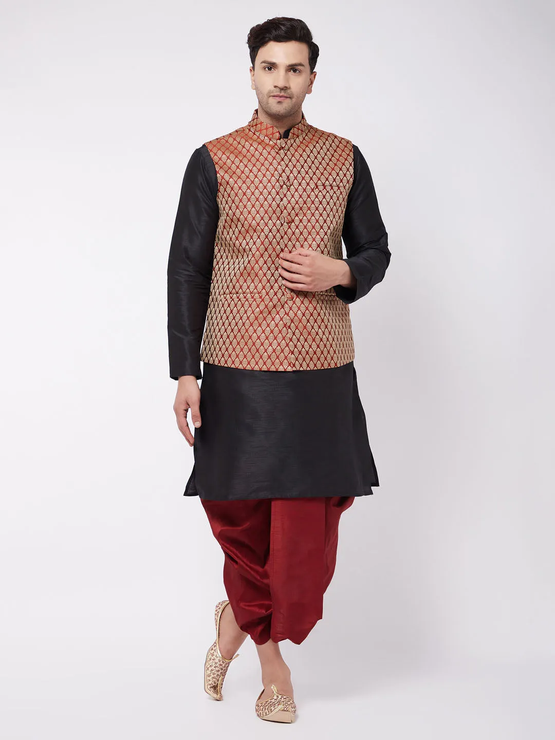 Jashvi Men's Black Silk Blend Kurta And Dhoti With Maroon Woven Nehru Jacket