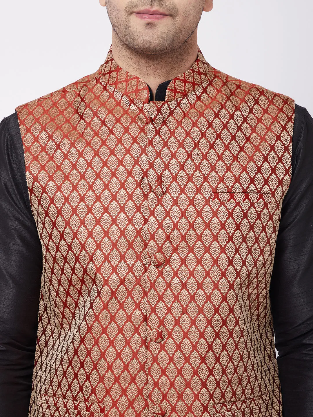 Jashvi Men's Black Silk Blend Kurta And Dhoti With Maroon Woven Nehru Jacket