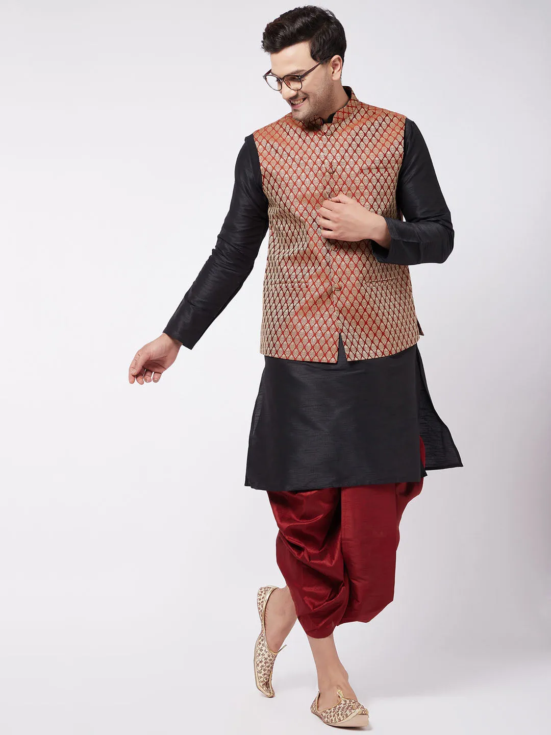 Jashvi Men's Black Silk Blend Kurta And Dhoti With Maroon Woven Nehru Jacket