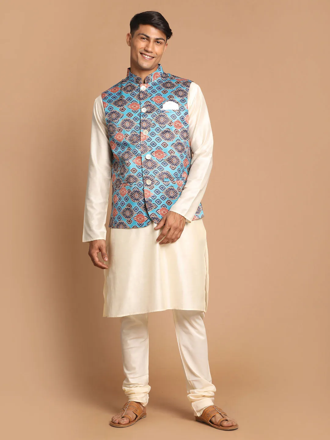 Jashvi Men's Blue Jacket With Cream Kurta And Pyjama Set