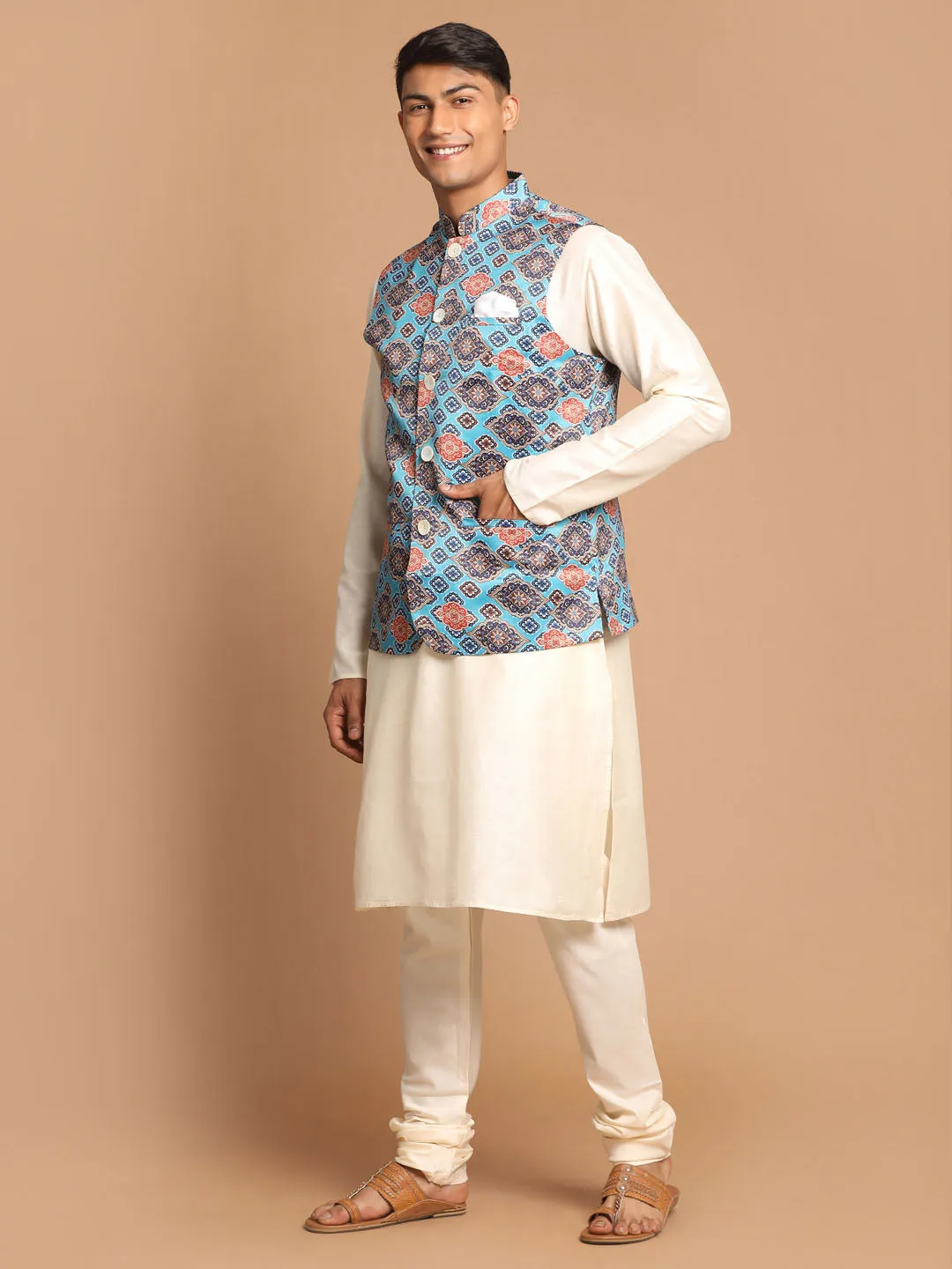 Jashvi Men's Blue Jacket With Cream Kurta And Pyjama Set