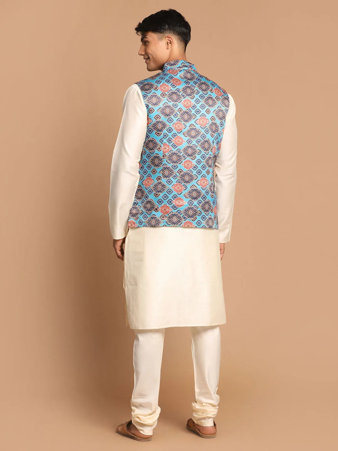 Jashvi Men's Blue Jacket With Cream Kurta And Pyjama Set