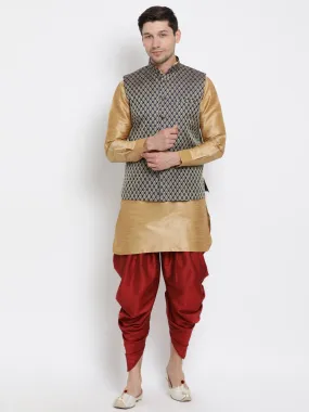 Jashvi Men's Blue Silk Blend Jacket With Curved Kurta Dhoti Set