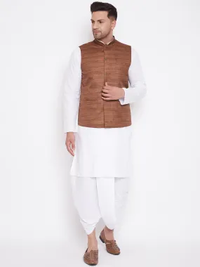 Jashvi Men's Coffee Brown And White Cotton Blend Jacket, Kurta and Dhoti Set