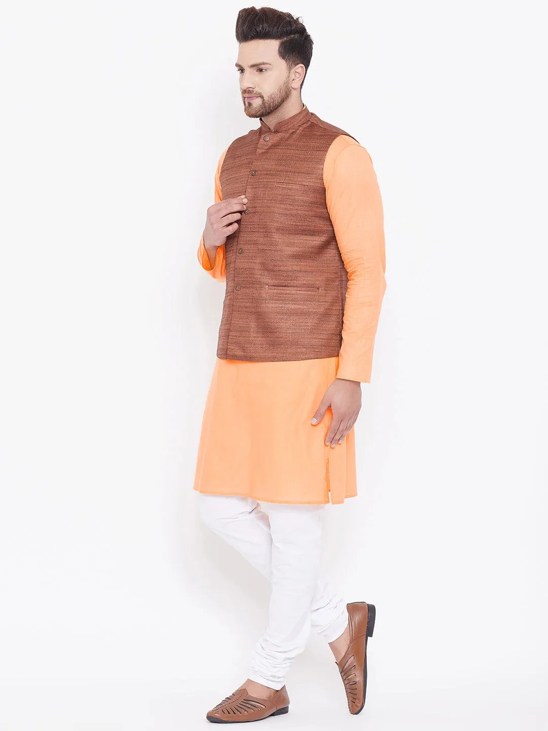 Jashvi Men's Coffee Brown, Fawn And White Cotton Blend Jacket, Kurta and Pyjama Set