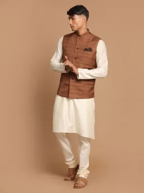 Jashvi Men's Coffee Brown Nehru Jacket With Cream Solid Kurta And Pyjama Set