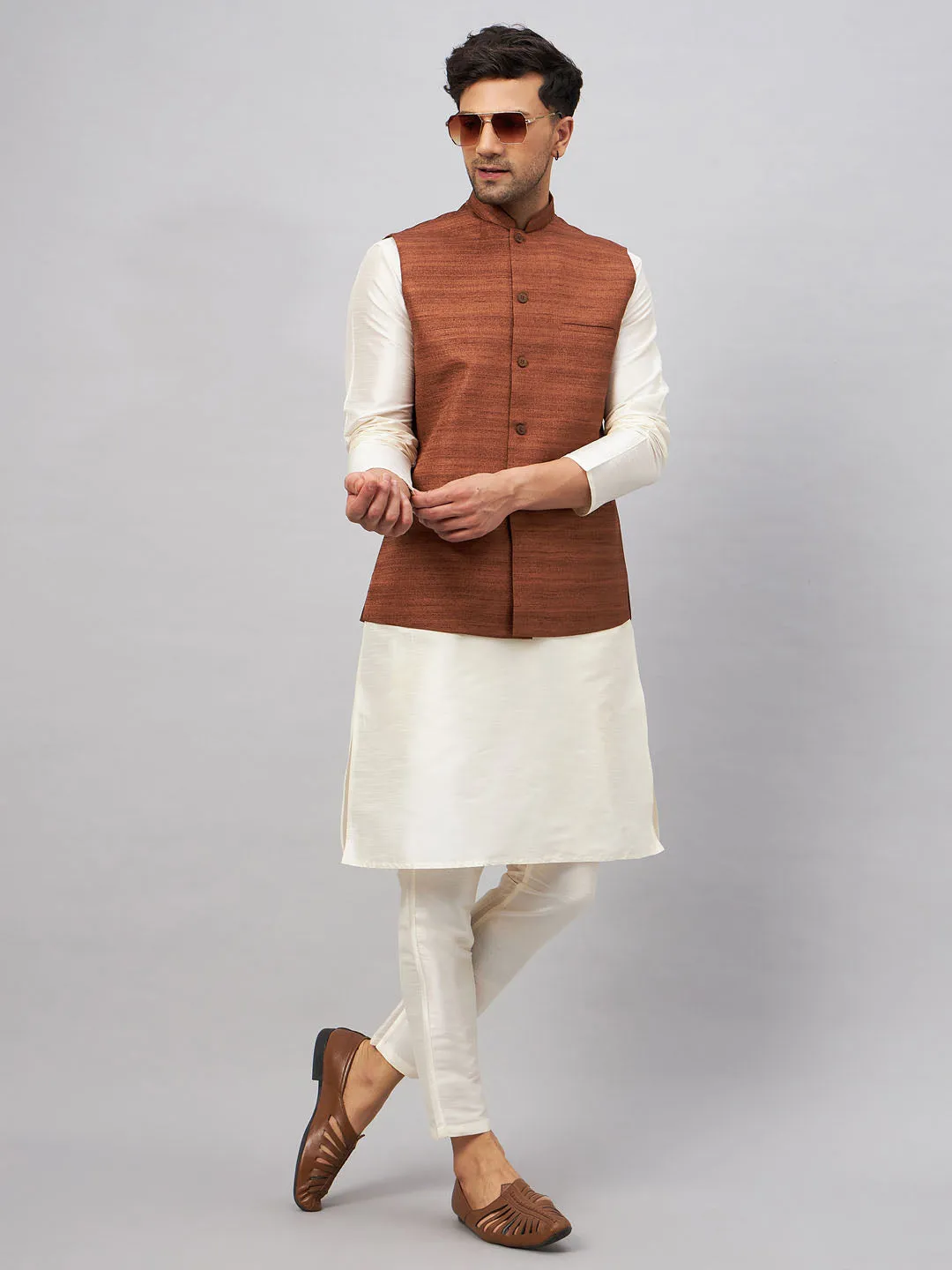 Jashvi Men's Coffee Jacket With Cream Kurta And Pant Set