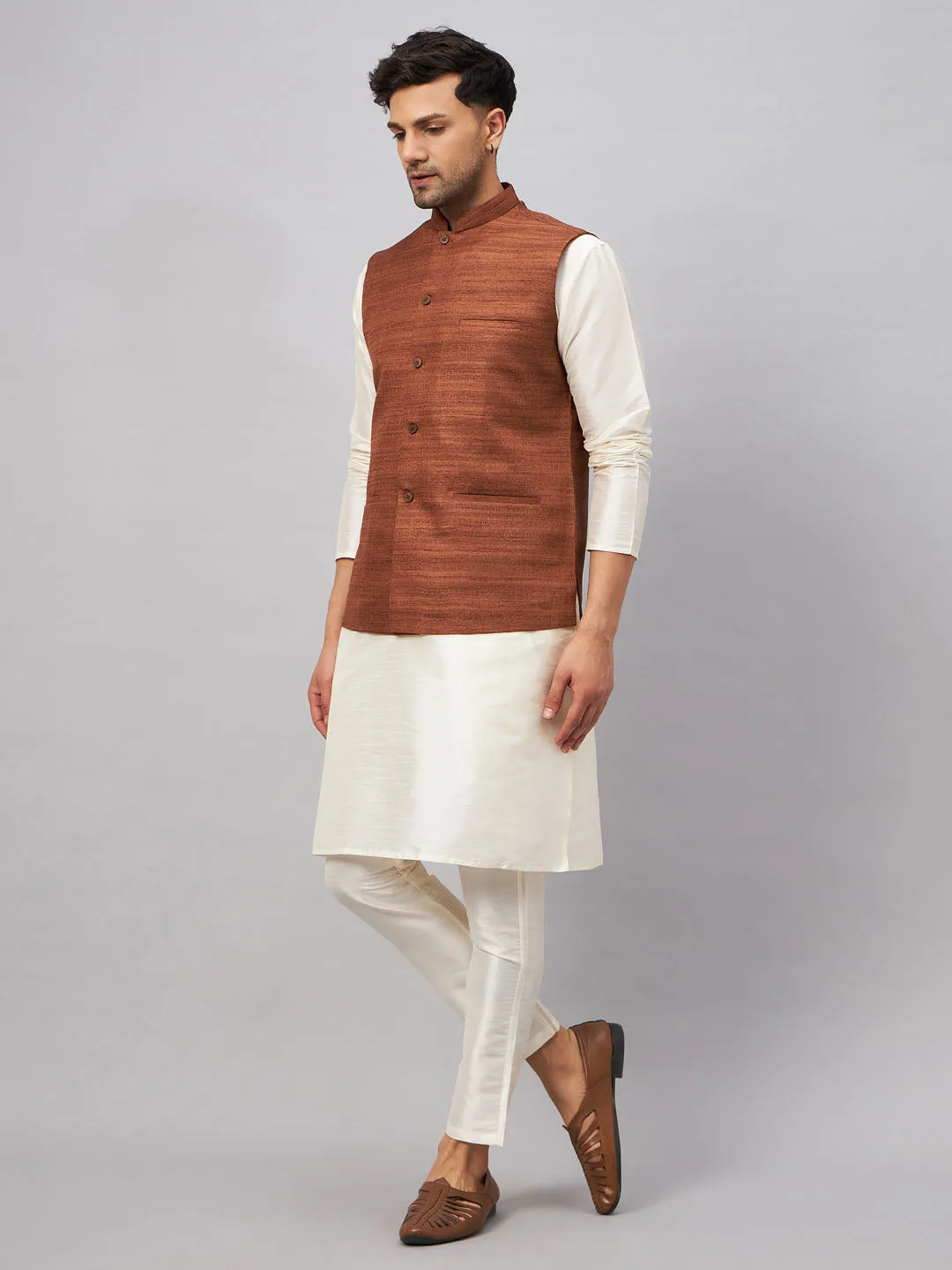 Jashvi Men's Coffee Jacket With Cream Kurta And Pant Set