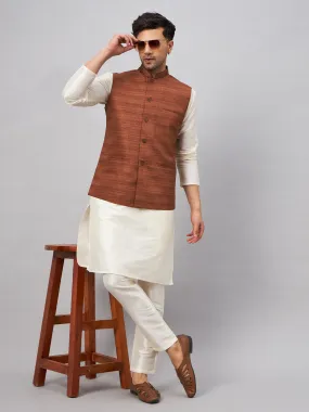 Jashvi Men's Coffee Jacket With Cream Kurta And Pant Set