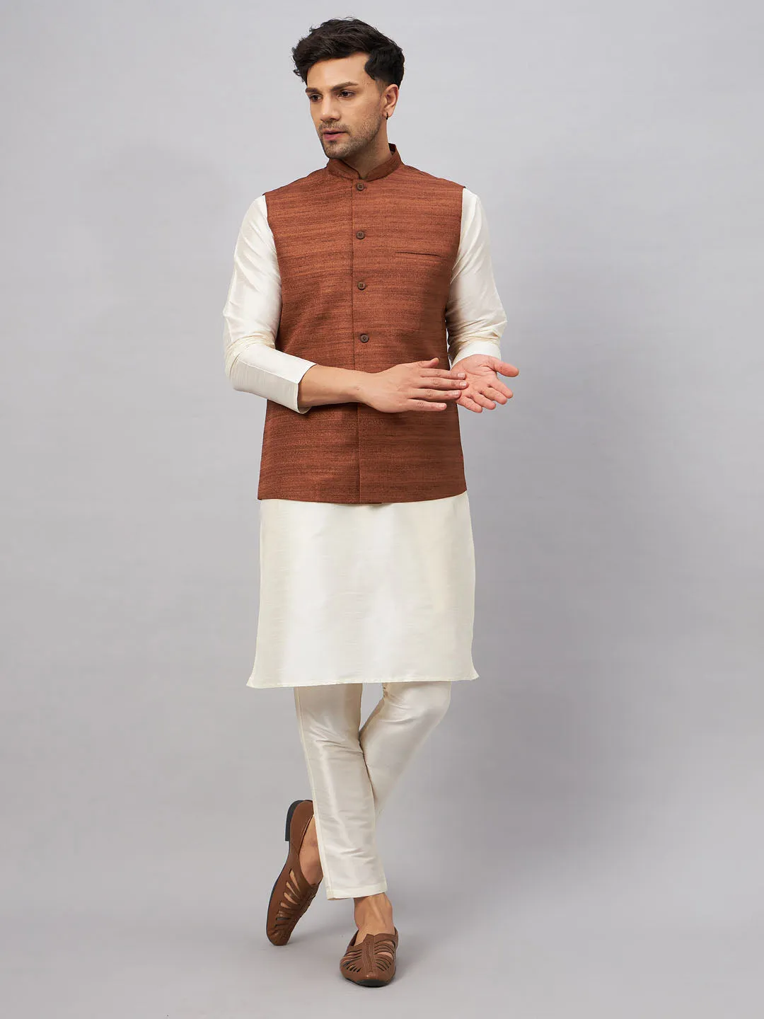 Jashvi Men's Coffee Jacket With Cream Kurta And Pant Set