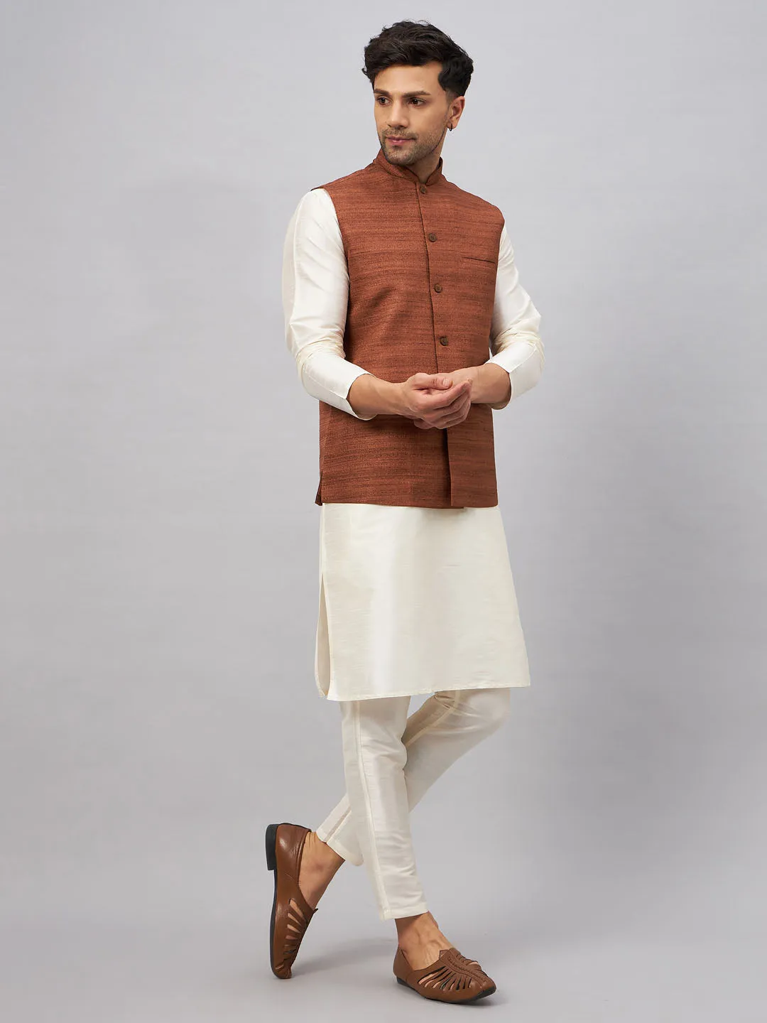 Jashvi Men's Coffee Jacket With Cream Kurta And Pant Set