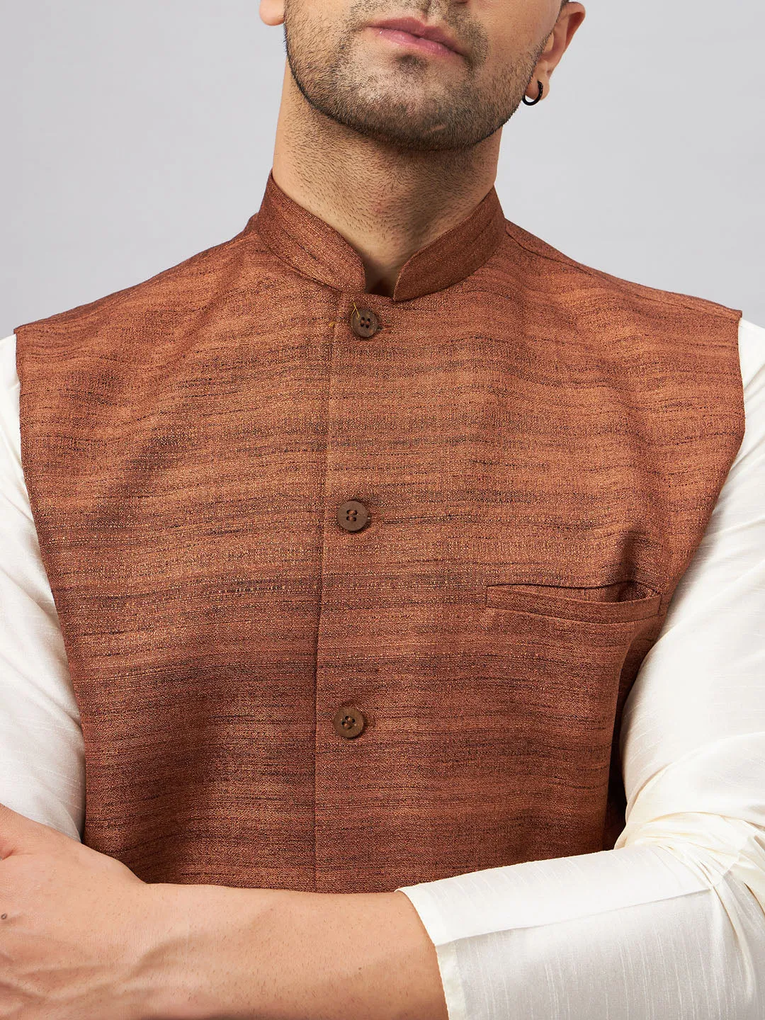 Jashvi Men's Coffee Jacket With Cream Kurta And Pant Set