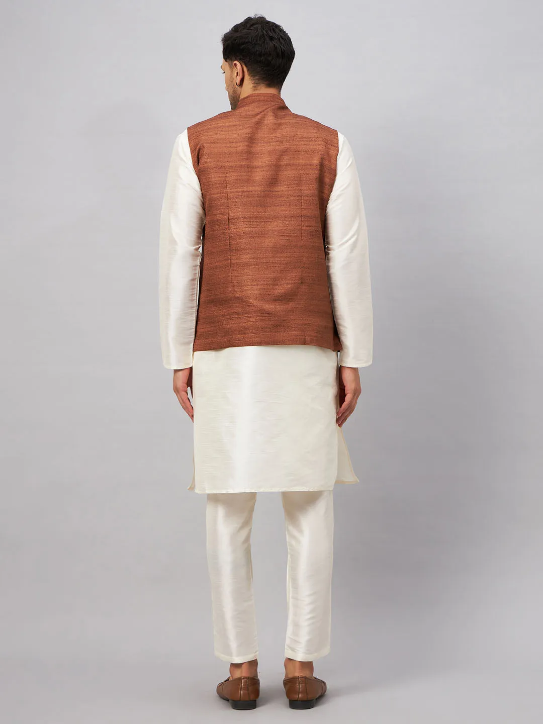 Jashvi Men's Coffee Jacket With Cream Kurta And Pant Set