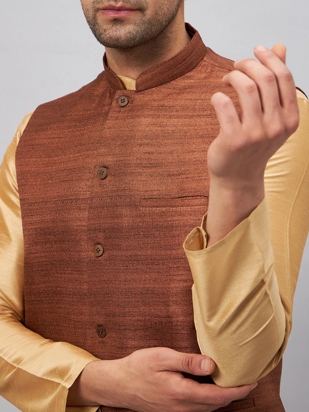 Jashvi Men's Coffee Jacket With Rose Gold Kurta And Pant Set