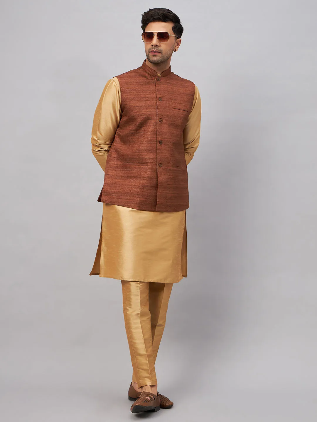 Jashvi Men's Coffee Jacket With Rose Gold Kurta And Pant Set