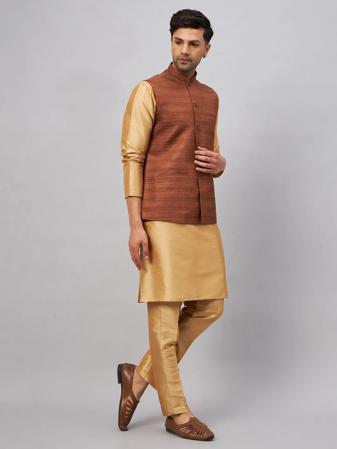 Jashvi Men's Coffee Jacket With Rose Gold Kurta And Pant Set