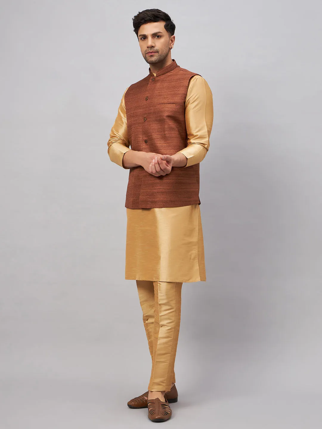 Jashvi Men's Coffee Jacket With Rose Gold Kurta And Pant Set