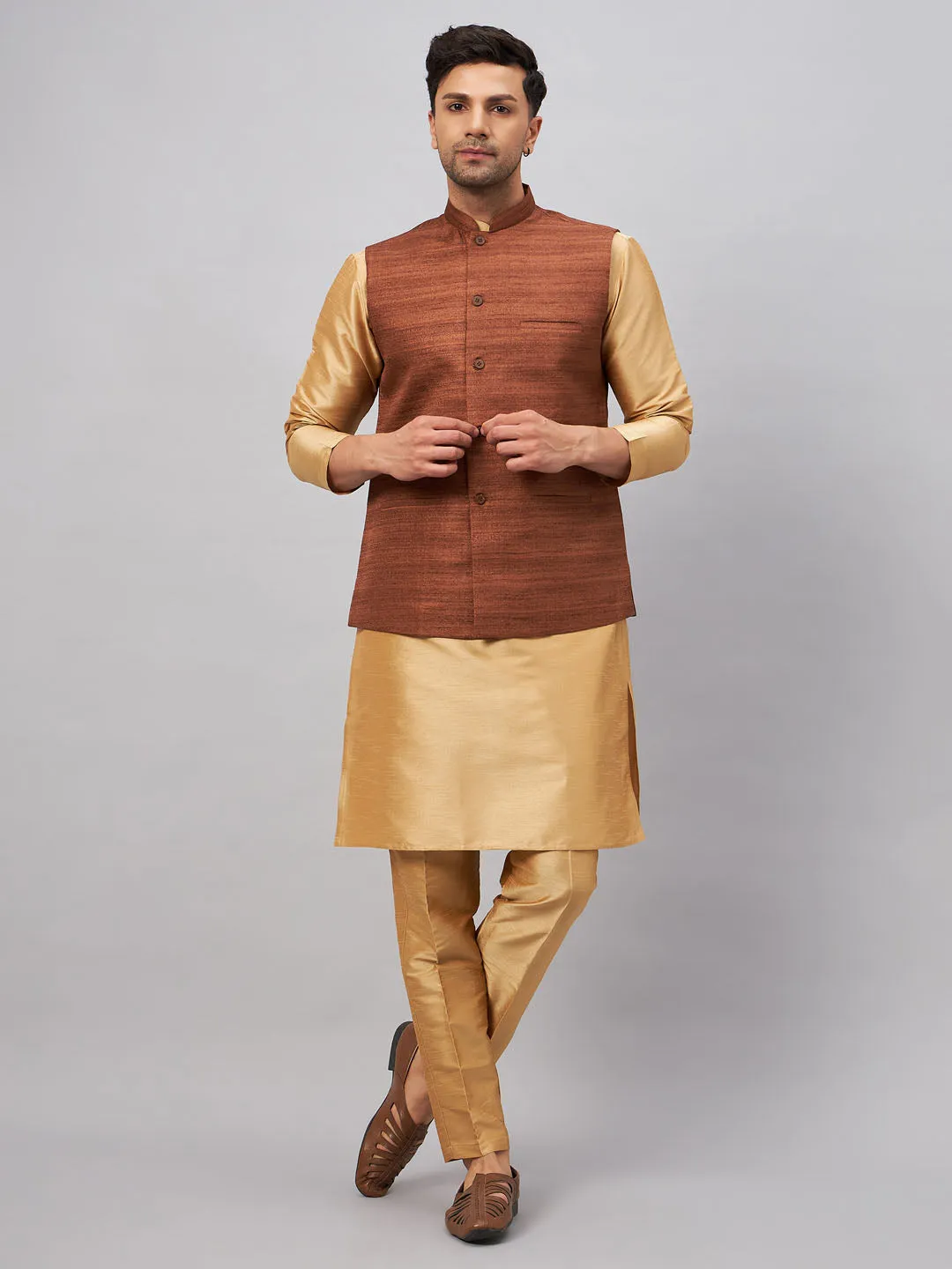 Jashvi Men's Coffee Jacket With Rose Gold Kurta And Pant Set