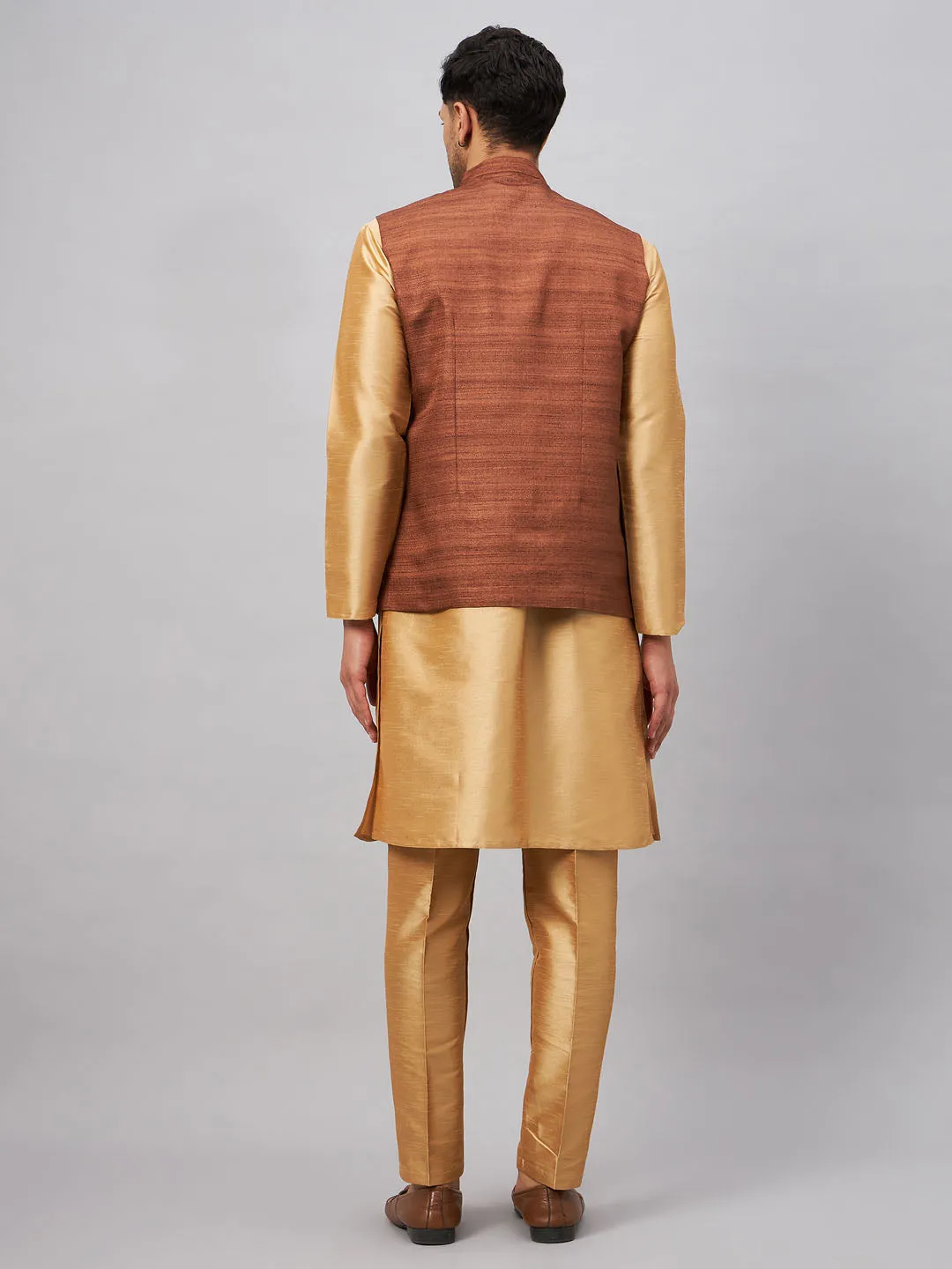 Jashvi Men's Coffee Jacket With Rose Gold Kurta And Pant Set