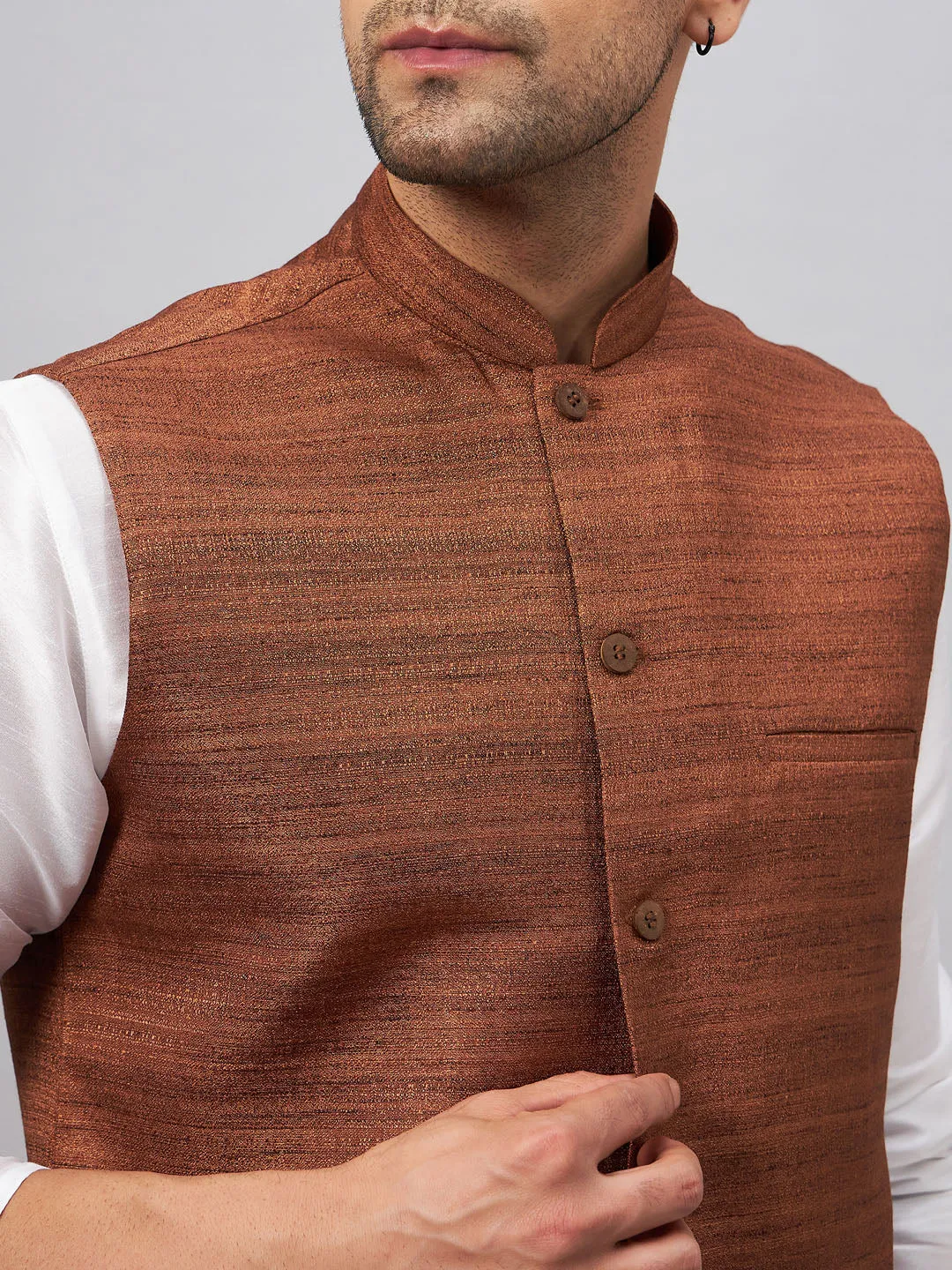 Jashvi Men's Coffee Matka Silk Nehru Jacket With White Silk Blend Kurta Pyjama Set