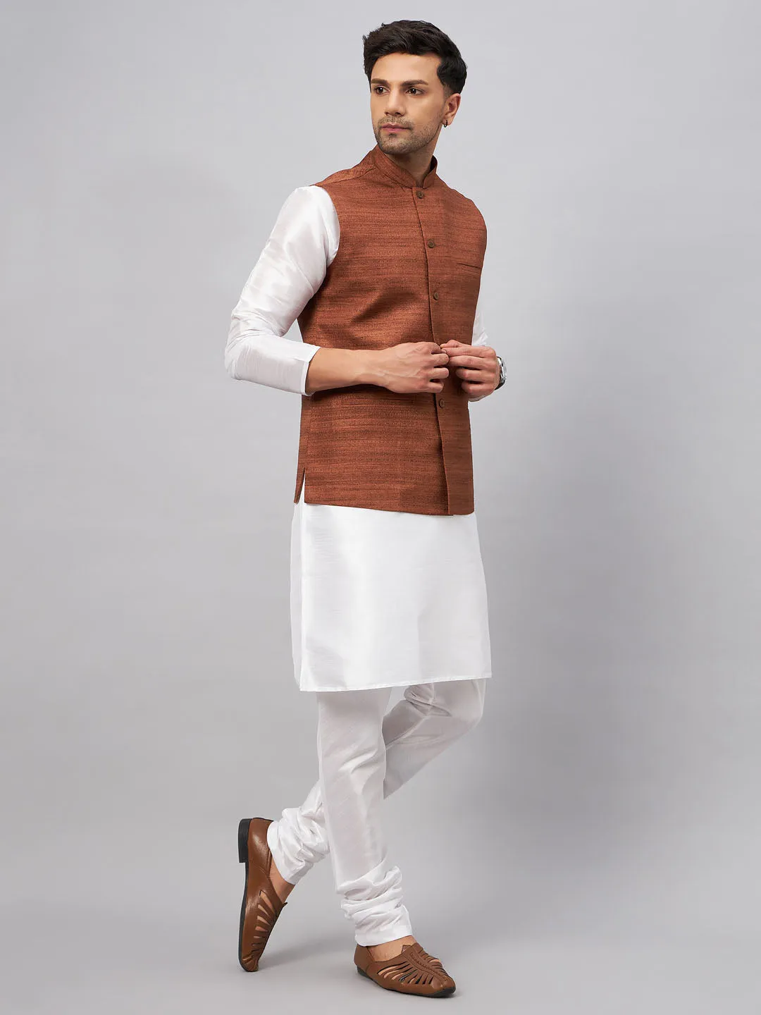 Jashvi Men's Coffee Matka Silk Nehru Jacket With White Silk Blend Kurta Pyjama Set