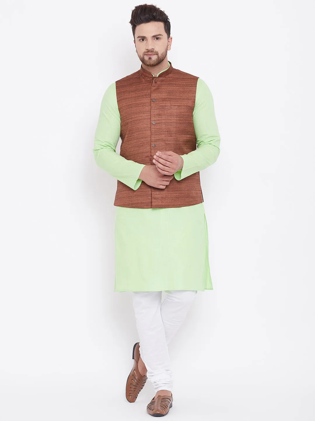 Jashvi Men's Coffee, Mint Green And White Cotton Blend Jacket, Kurta and Pyjama Set