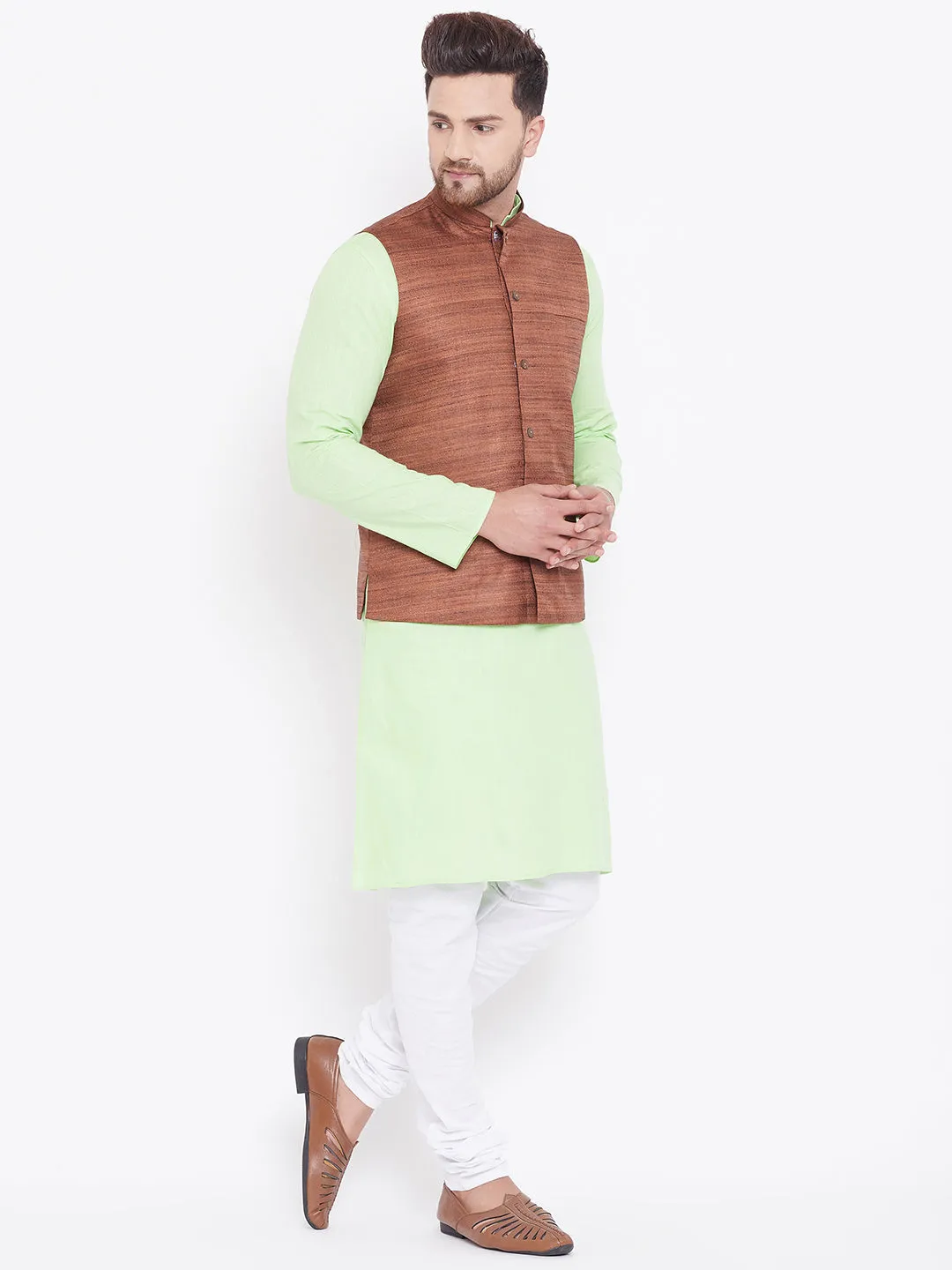 Jashvi Men's Coffee, Mint Green And White Cotton Blend Jacket, Kurta and Pyjama Set