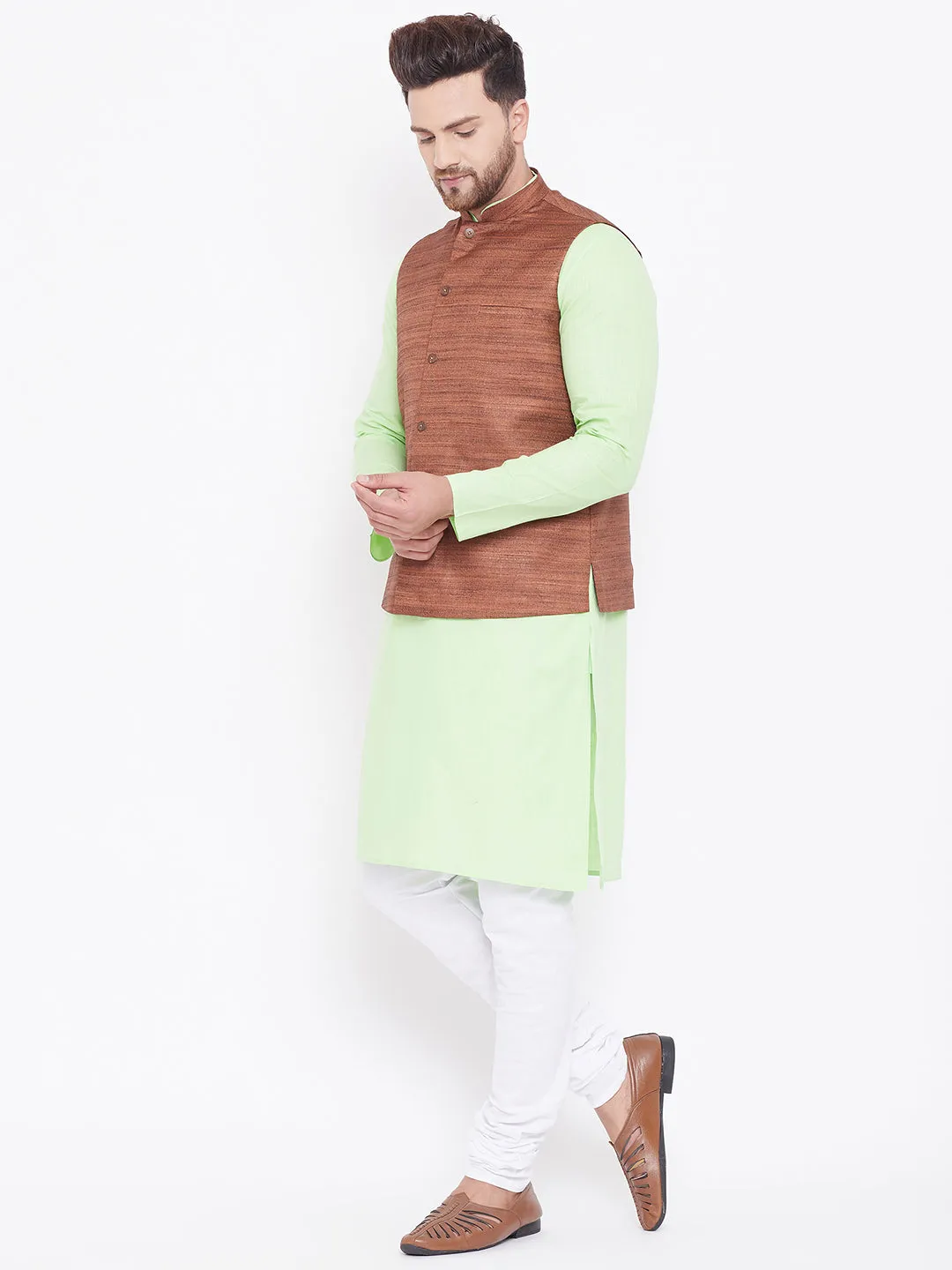 Jashvi Men's Coffee, Mint Green And White Cotton Blend Jacket, Kurta and Pyjama Set