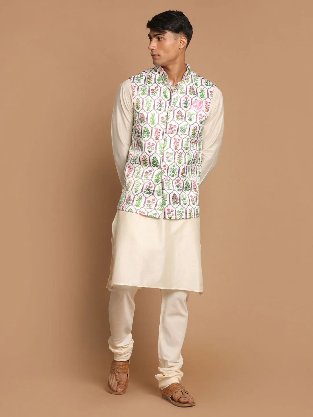 Jashvi Men's Cream Digital Print Nehru Jacket With Cream Kurta And Pyjama