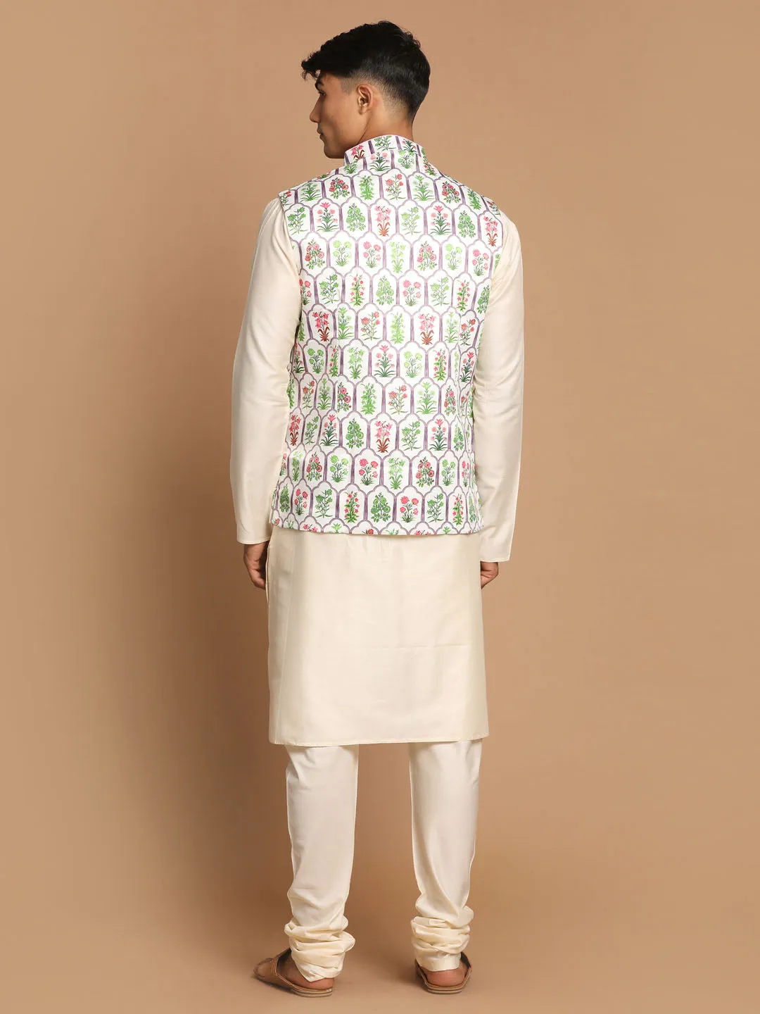 Jashvi Men's Cream Digital Print Nehru Jacket With Cream Kurta And Pyjama