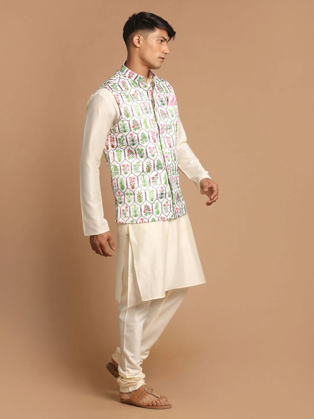 Jashvi Men's Cream Digital Print Nehru Jacket With Cream Kurta And Pyjama