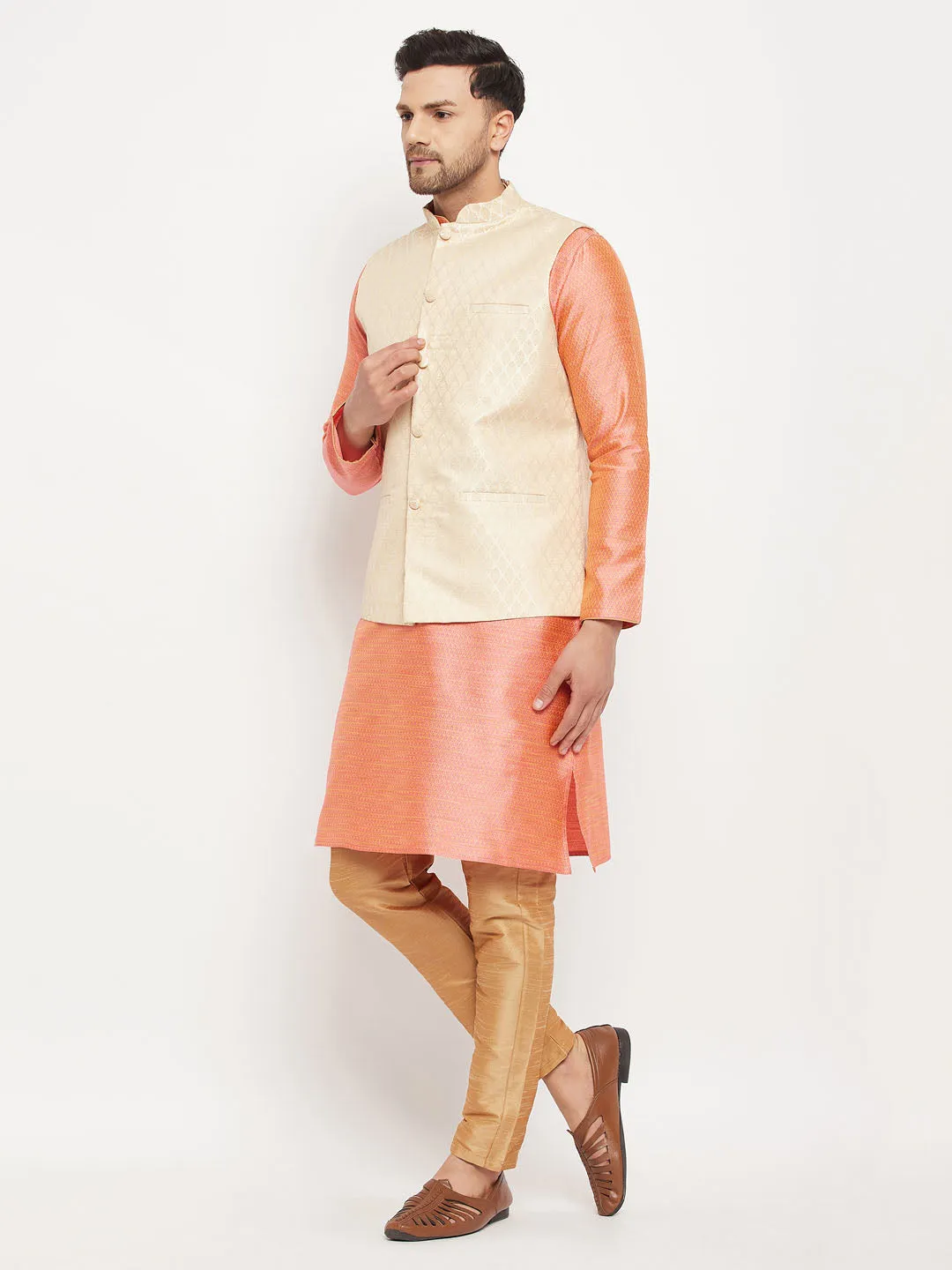 Jashvi Men's Cream Silk Blend Jacket with Kurta Pant Set