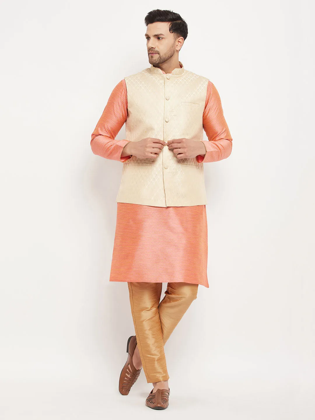 Jashvi Men's Cream Silk Blend Jacket with Kurta Pant Set