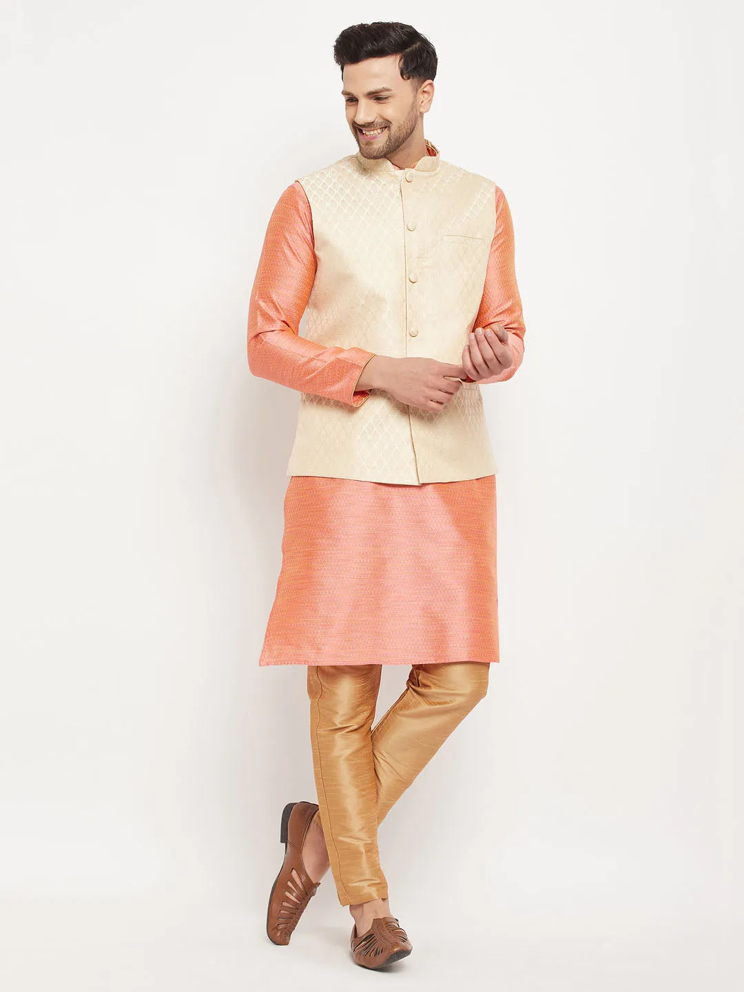 Jashvi Men's Cream Silk Blend Jacket with Kurta Pant Set