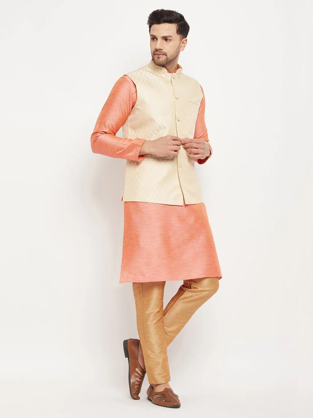 Jashvi Men's Cream Silk Blend Jacket with Kurta Pant Set