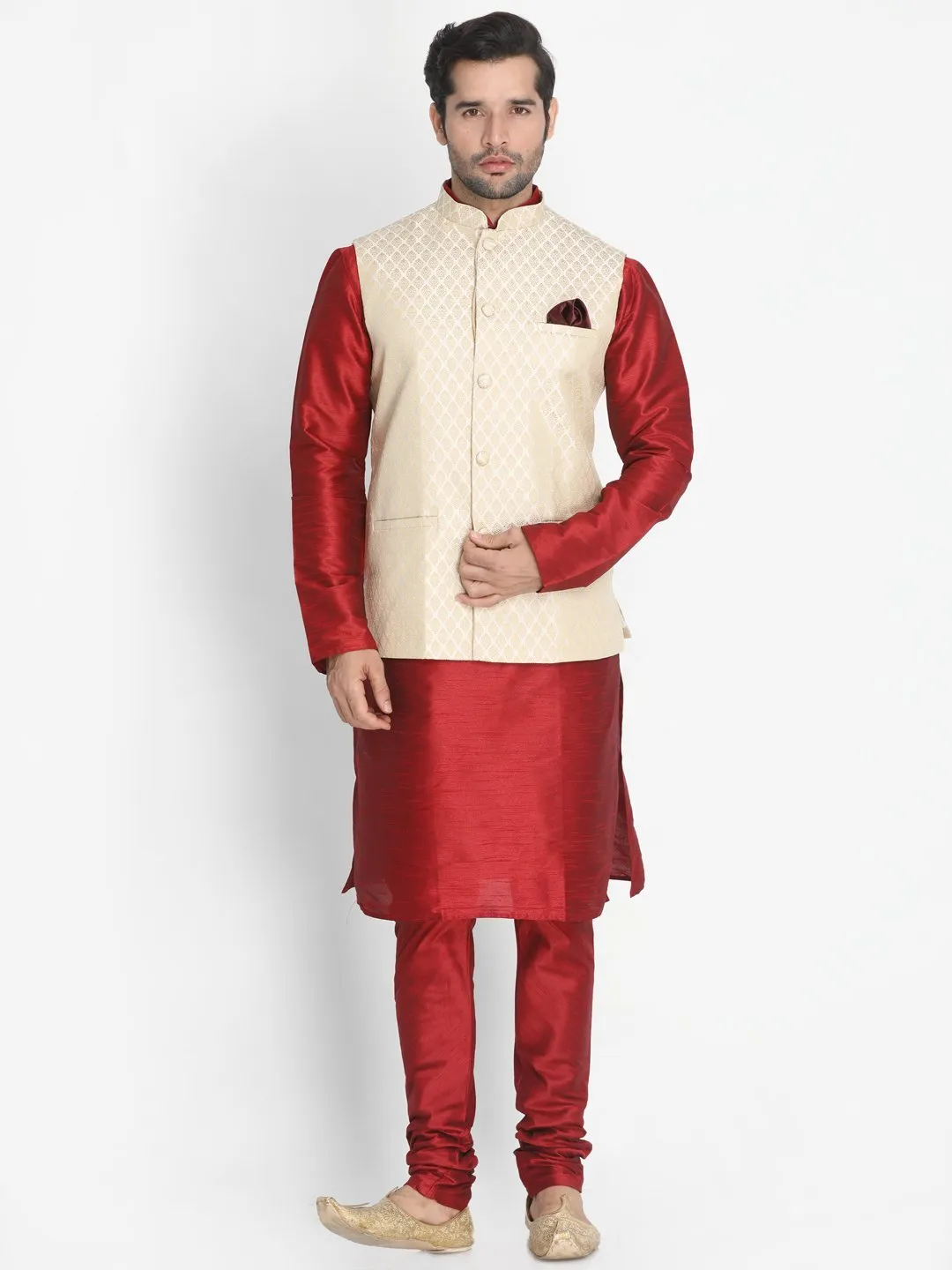 Jashvi Men's Cream Silk Blend Jacket With Kurta Pyjama Set