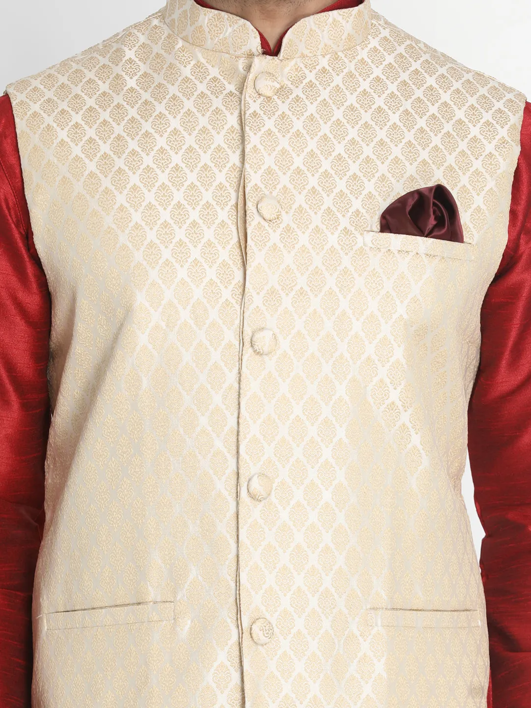 Jashvi Men's Cream Silk Blend Jacket With Kurta Pyjama Set