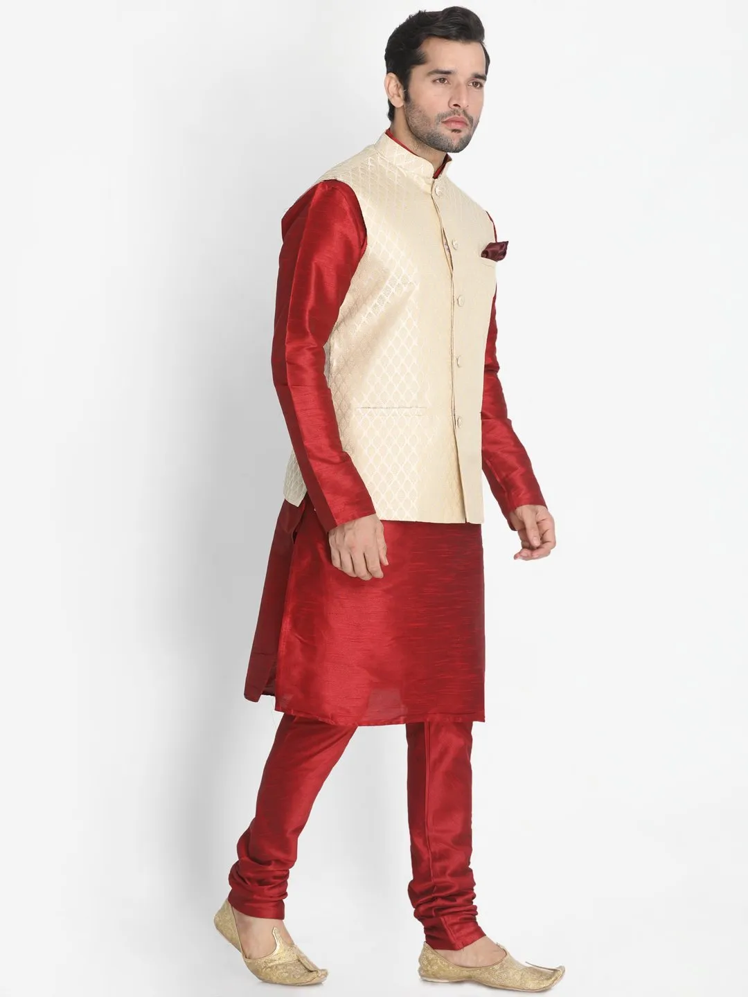 Jashvi Men's Cream Silk Blend Jacket With Kurta Pyjama Set