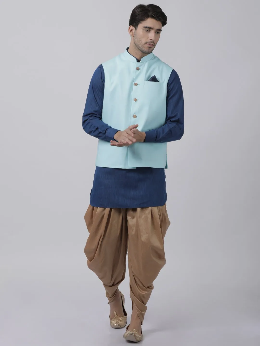 Jashvi Men's Dark Blue Cotton Blend Ethnic Jacket, Kurta and Dhoti Pant Set