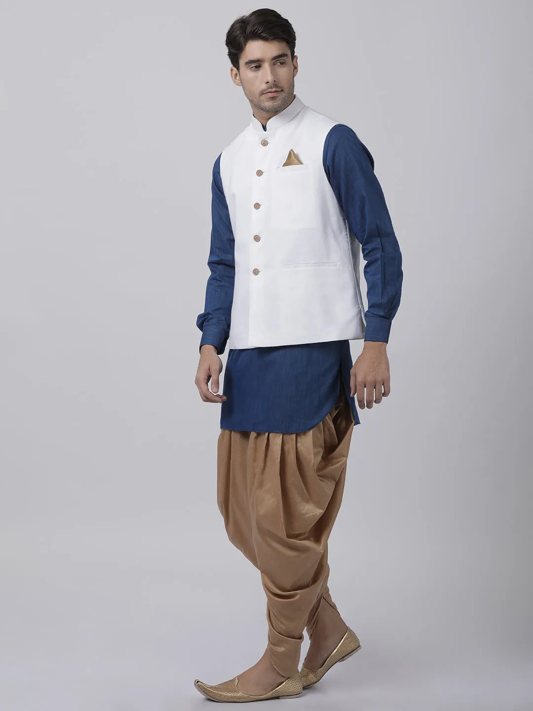 Jashvi Men's Dark Blue Cotton Blend Kurta, White Ethnic Jacket and Dhoti Pant Set