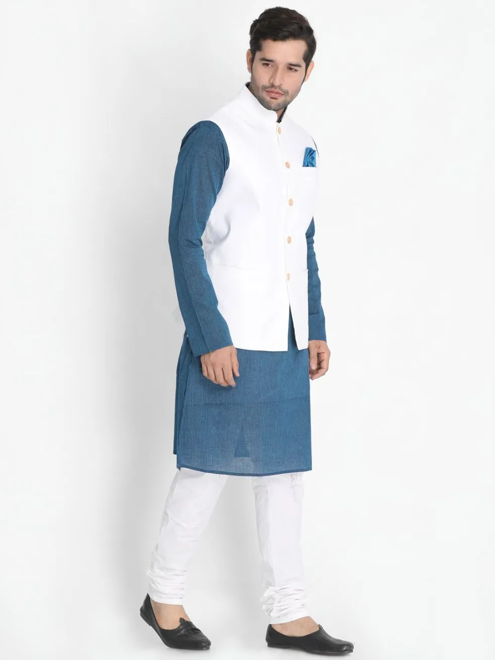 Jashvi Men's Dark Blue Cotton Blend Kurta, White Ethnic Jacket and Pyjama Set