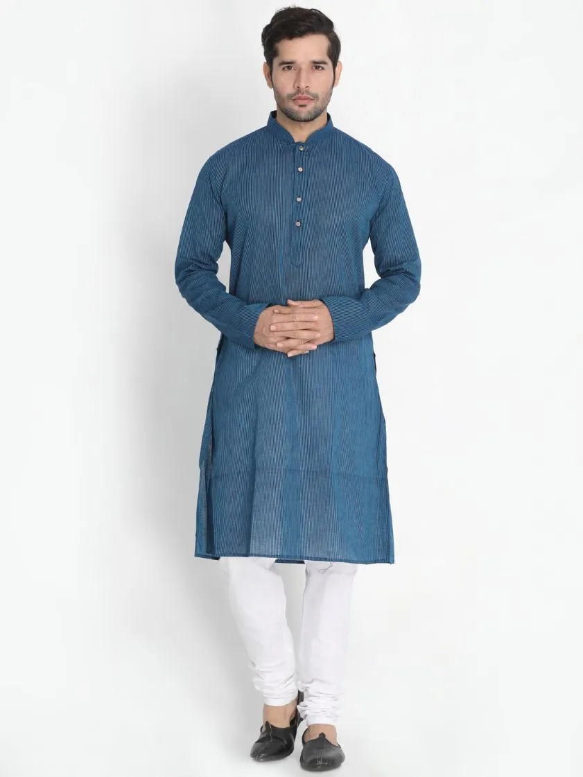 Jashvi Men's Dark Blue Cotton Blend Kurta, White Ethnic Jacket and Pyjama Set