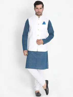 Jashvi Men's Dark Blue Cotton Blend Kurta, White Ethnic Jacket and Pyjama Set