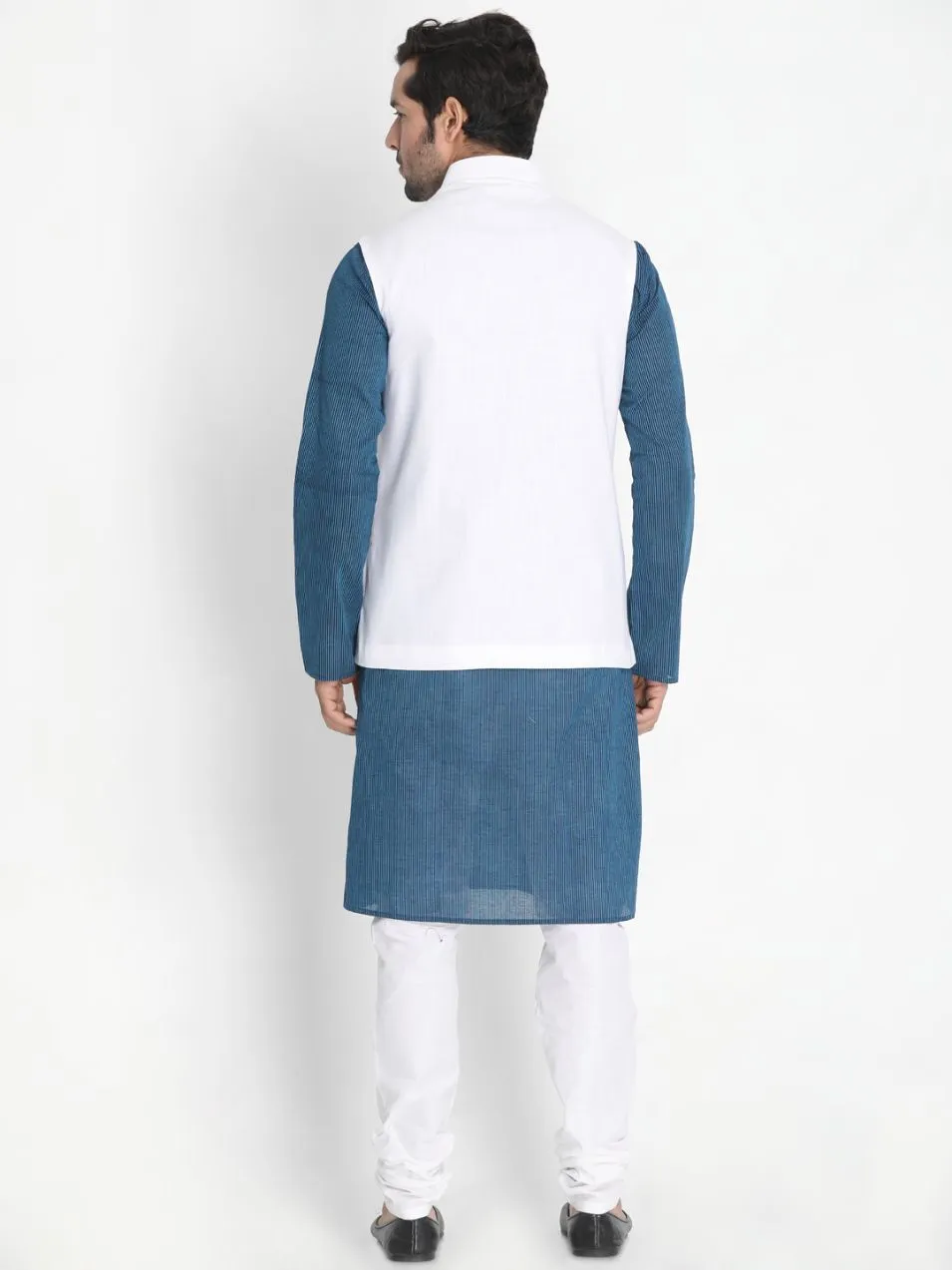 Jashvi Men's Dark Blue Cotton Blend Kurta, White Ethnic Jacket and Pyjama Set