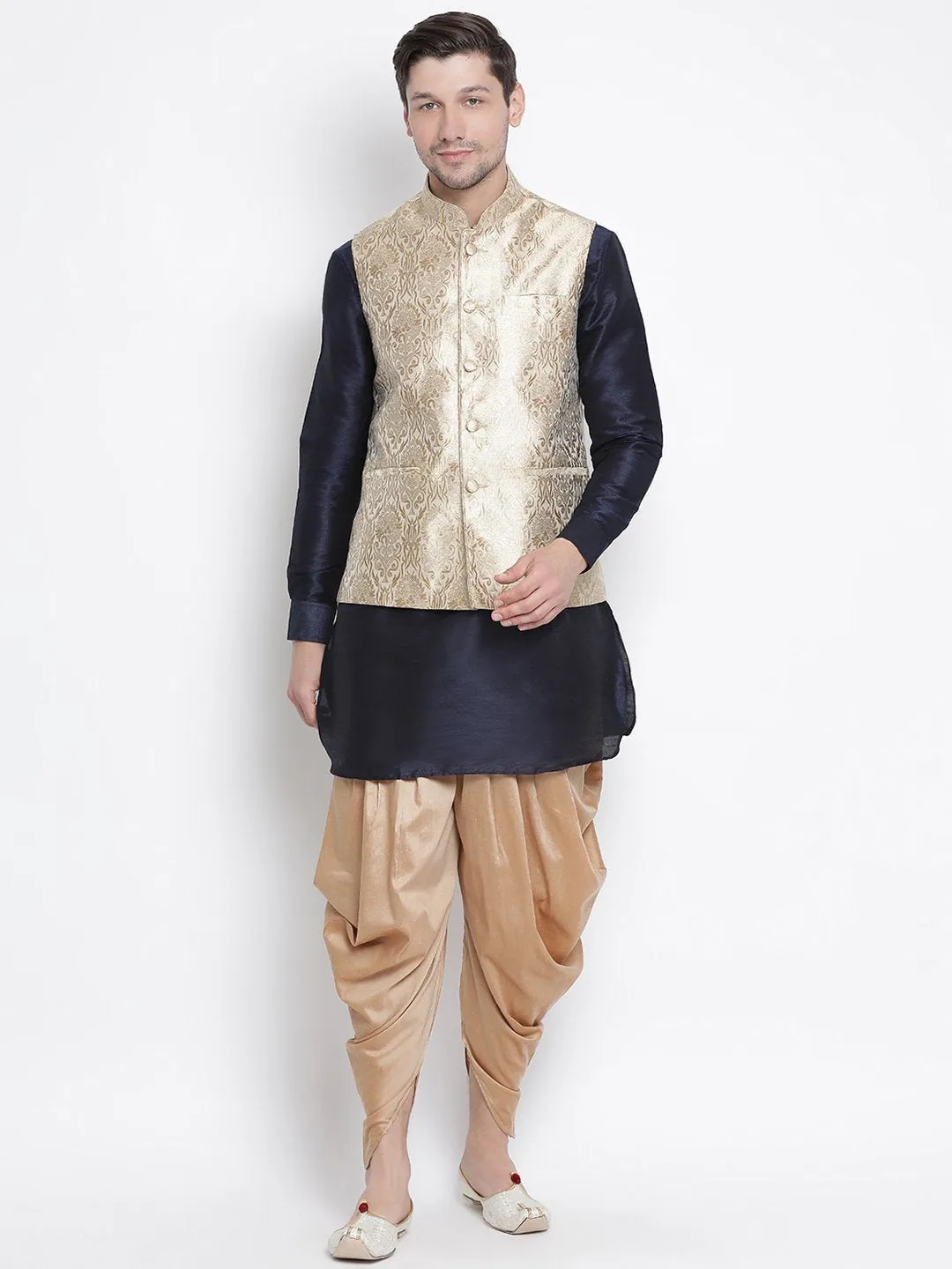 Jashvi Men's Dark Blue Cotton Silk Blend Ethnic Jacket, Kurta and Dhoti Pant Set