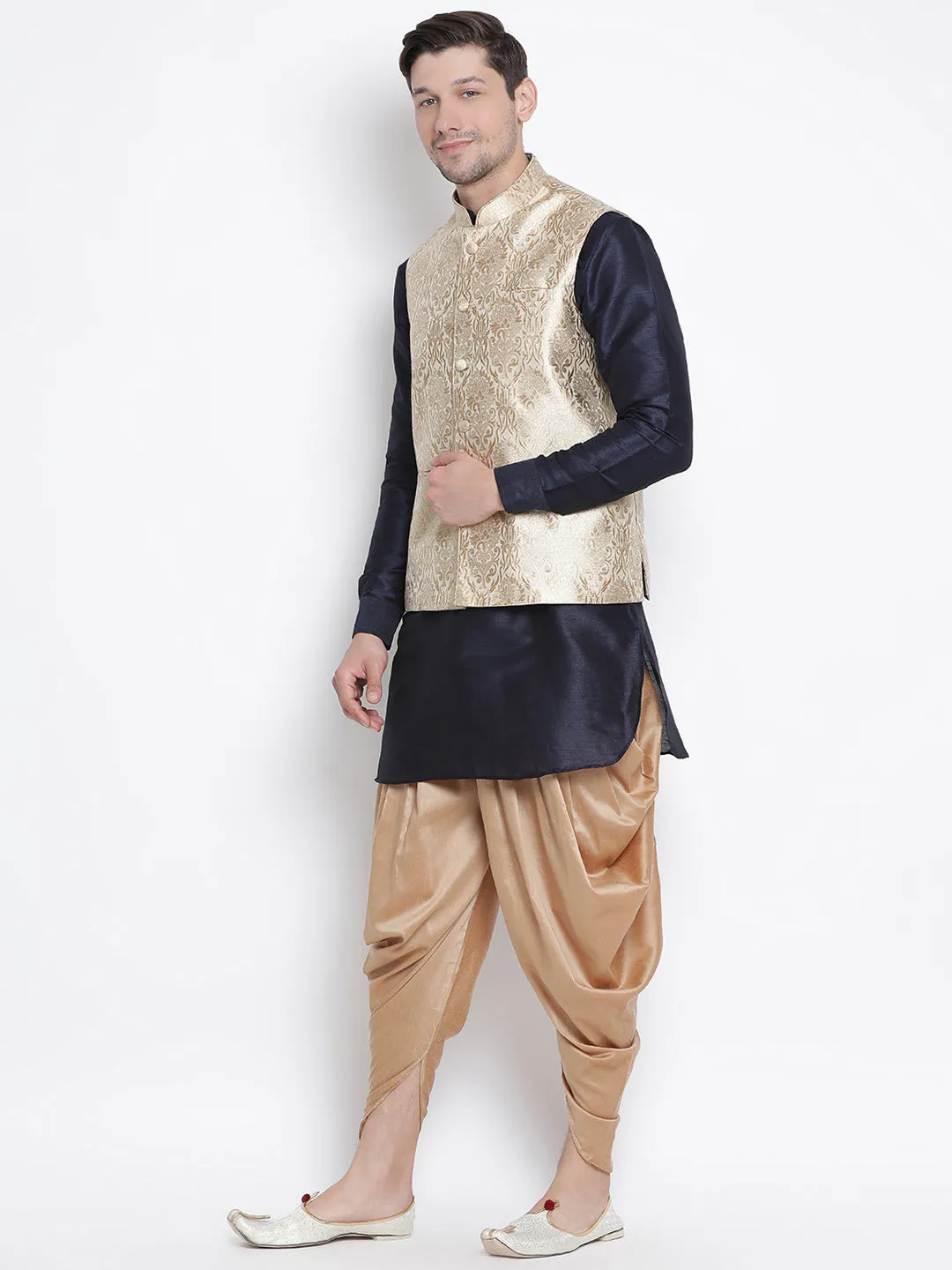 Jashvi Men's Dark Blue Cotton Silk Blend Ethnic Jacket, Kurta and Dhoti Pant Set