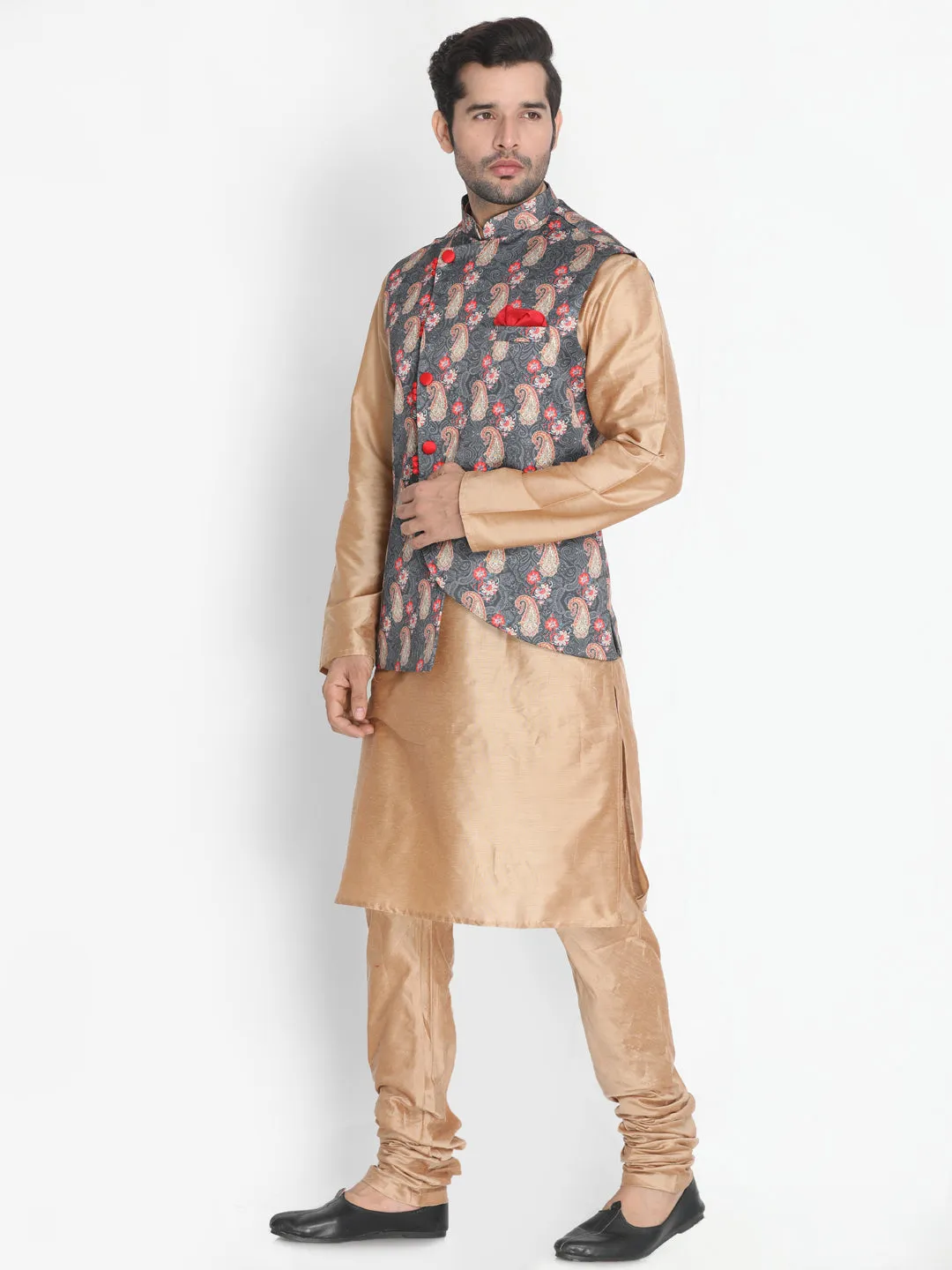 Jashvi Men's Gold Cotton Blend Kurta, Ethnic Jacket and Pyjama Set