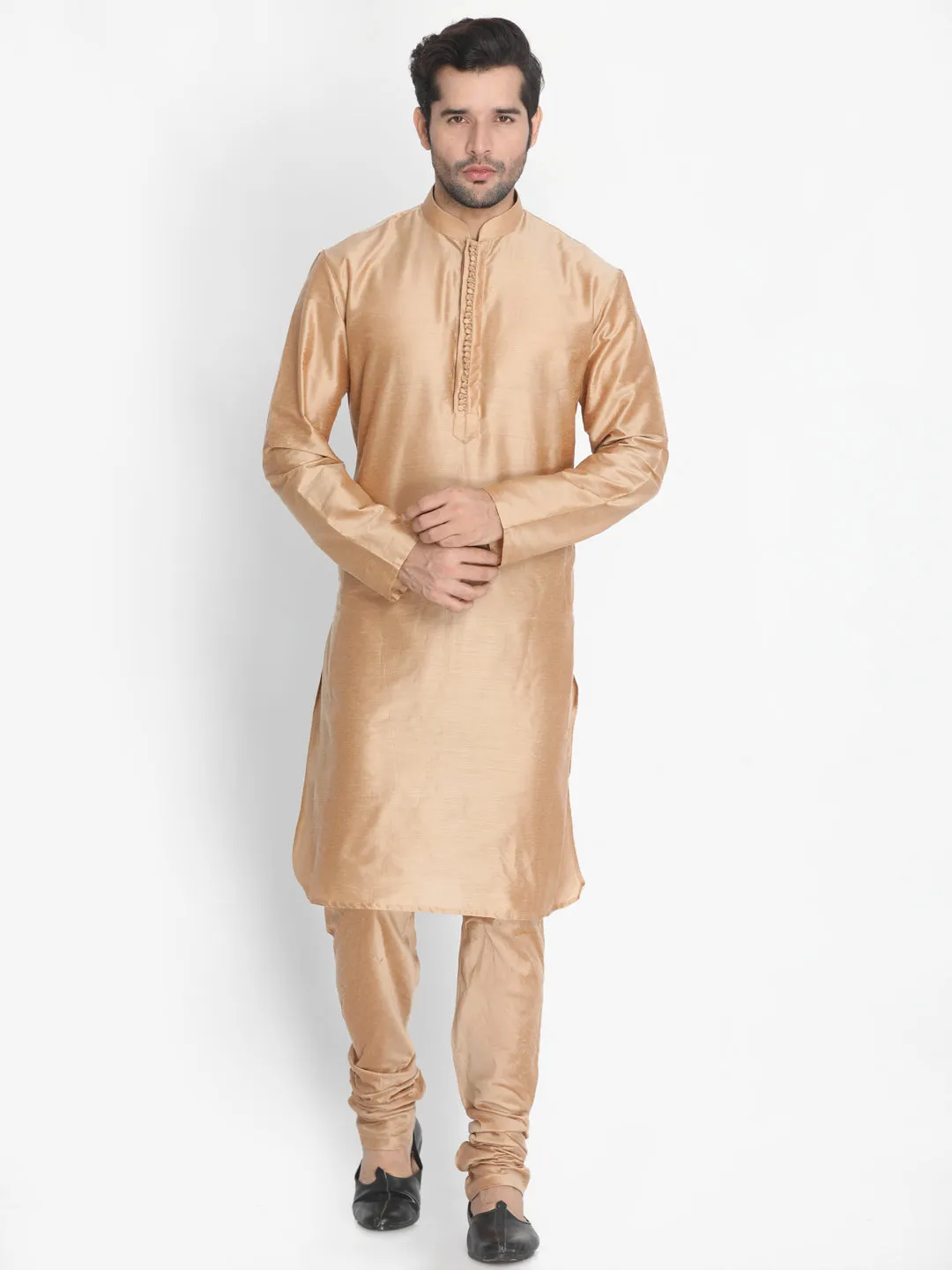 Jashvi Men's Gold Cotton Blend Kurta, Ethnic Jacket and Pyjama Set