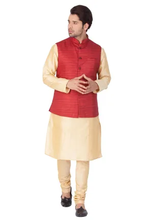 Jashvi Men's Gold Cotton Silk Blend Kurta, Ethnic Jacket and Pyjama Set