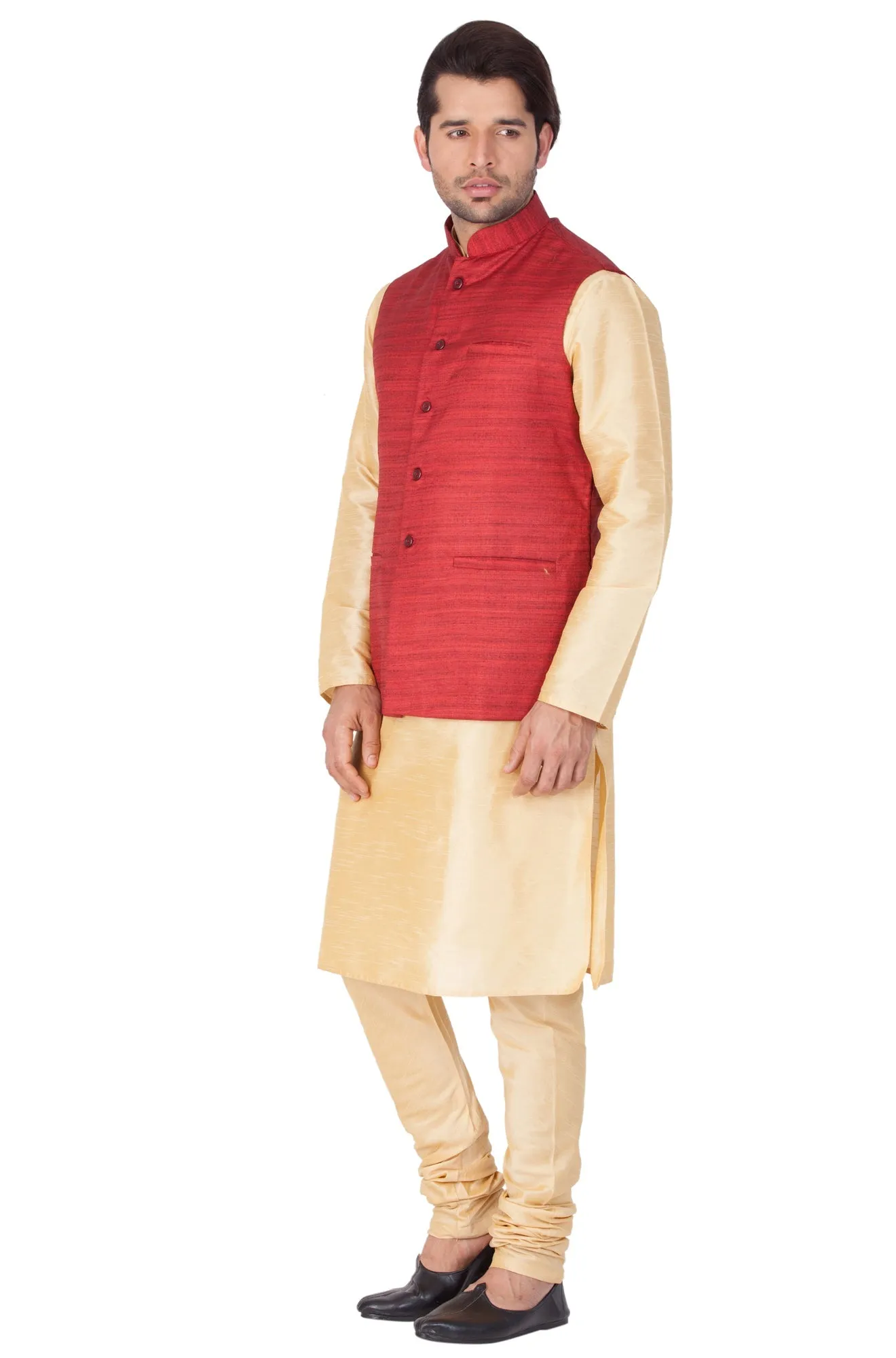 Jashvi Men's Gold Cotton Silk Blend Kurta, Ethnic Jacket and Pyjama Set